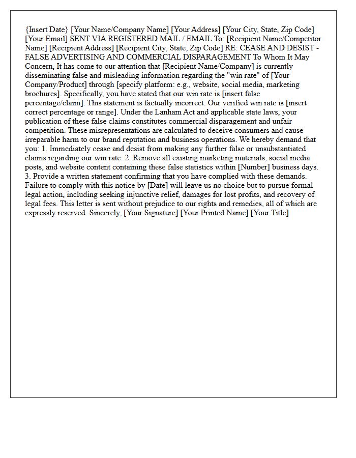 False Win Rate Commercial Disparagement Cease and Desist Letter