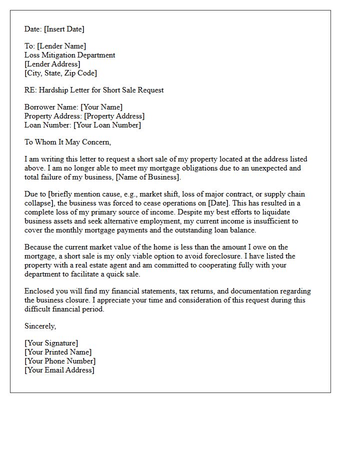 Unexpected Business Failure Short Sale Letter