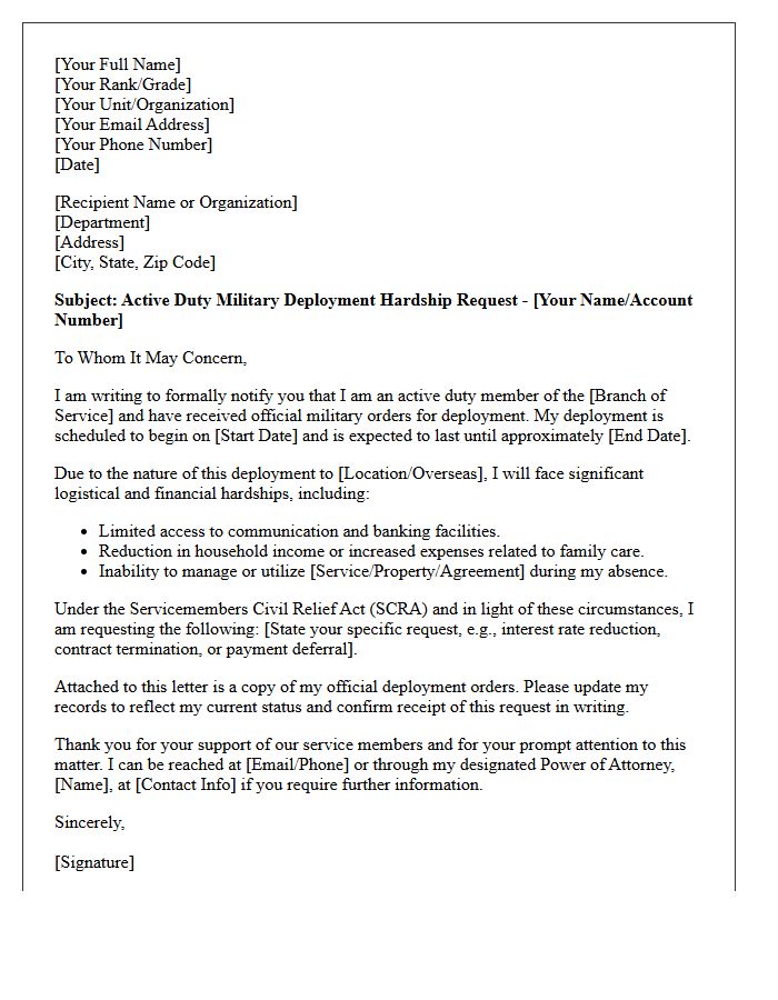 Active Duty Military Deployment Hardship Letter