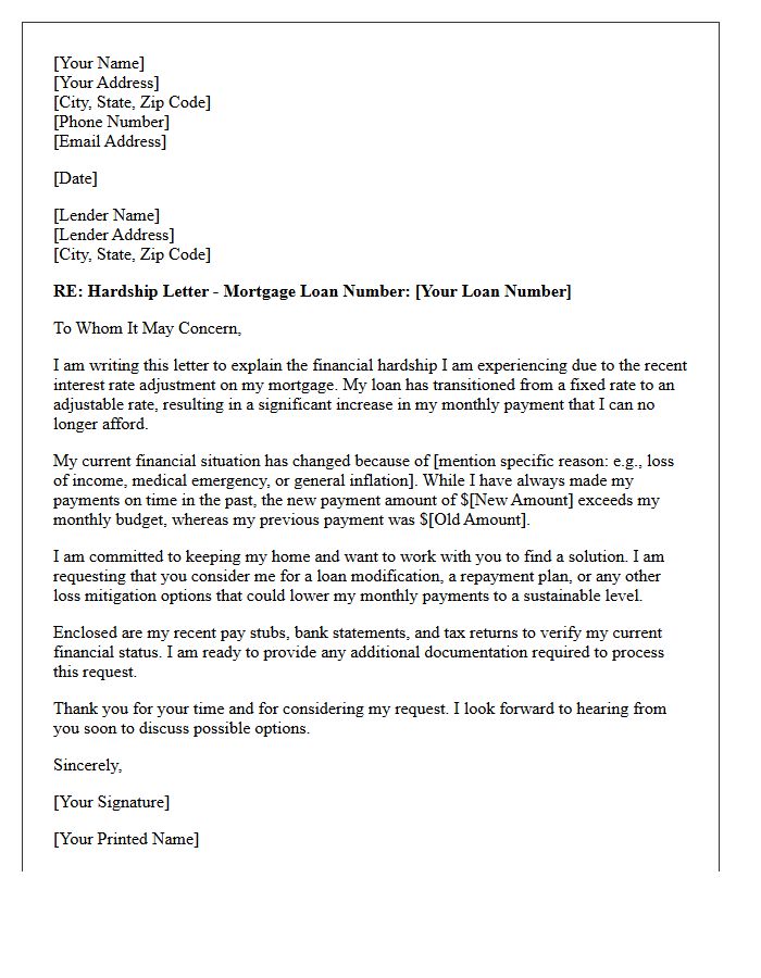 Adjustable Rate Mortgage Payment Increase Hardship Letter