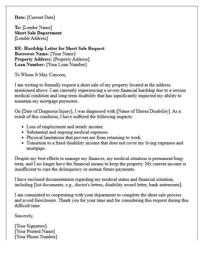 Severe Illness and Disability Short Sale Letter