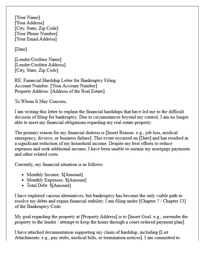 Bankruptcy Filing Real Estate Hardship Letter