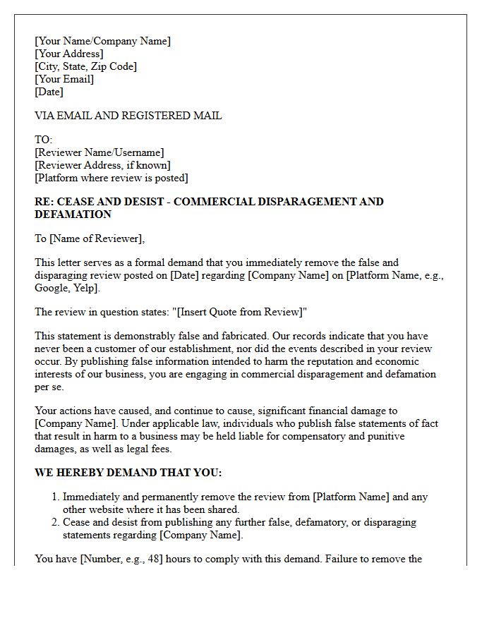 Fabricated Online Review Commercial Disparagement Cease and Desist Letter