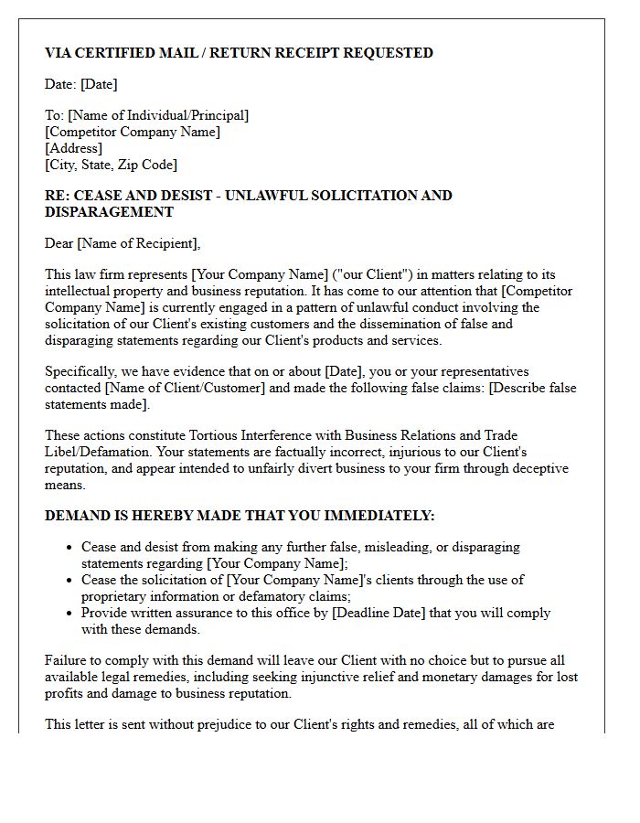 Competitor Client Solicitation Disparagement Cease and Desist Letter