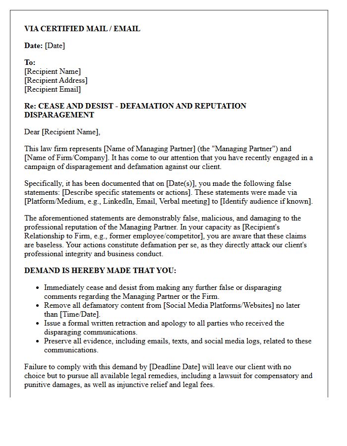 Managing Partner Reputation Disparagement Cease and Desist Letter