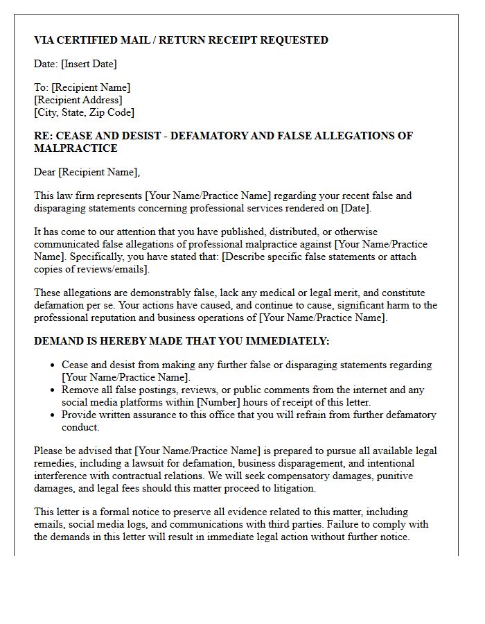 False Malpractice Allegation Disparagement Cease and Desist Letter