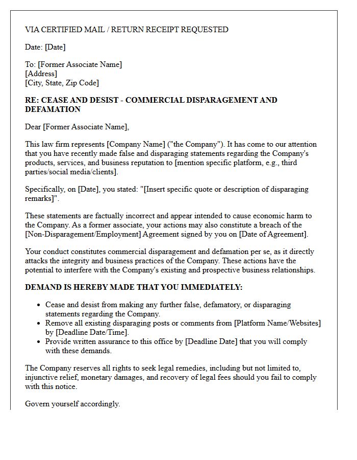 Former Associate Commercial Disparagement Cease and Desist Letter