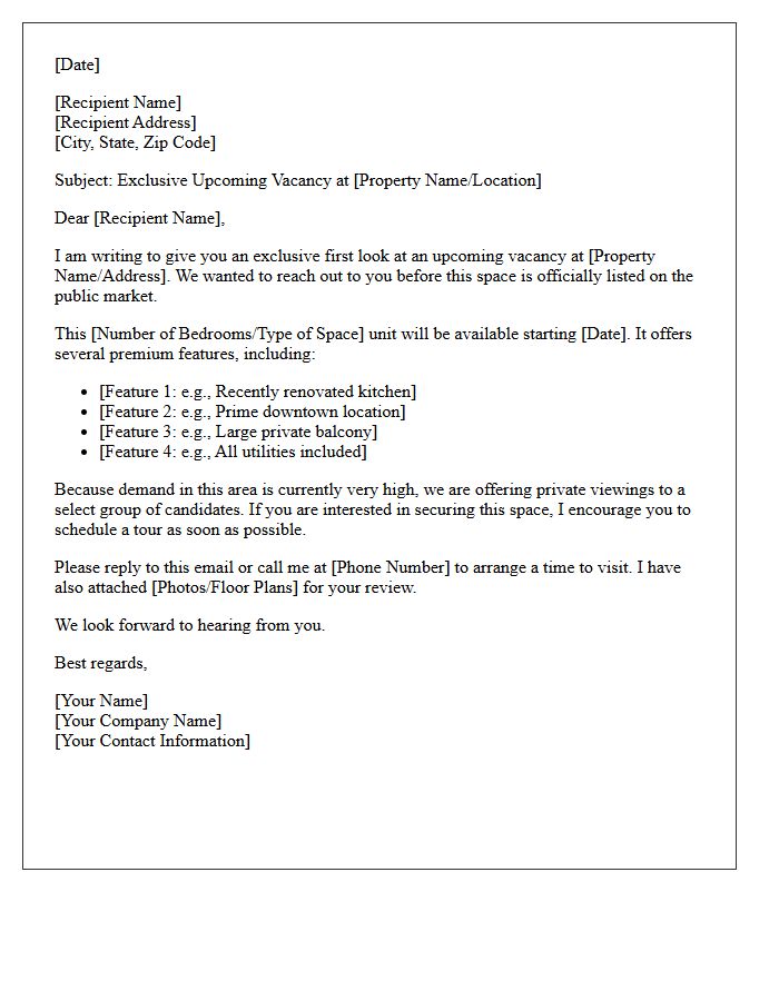 Upcoming Vacancy Opportunity Sale Letter