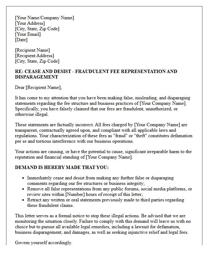 Fraudulent Fee Representation Disparagement Cease and Desist Letter