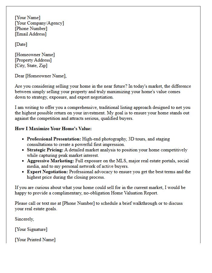 Traditional Listing and Maximizing Home Value Letter