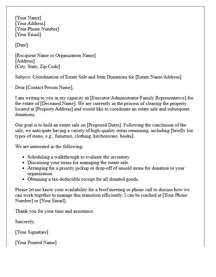 Coordinating Estate Sales and Item Donation Letter