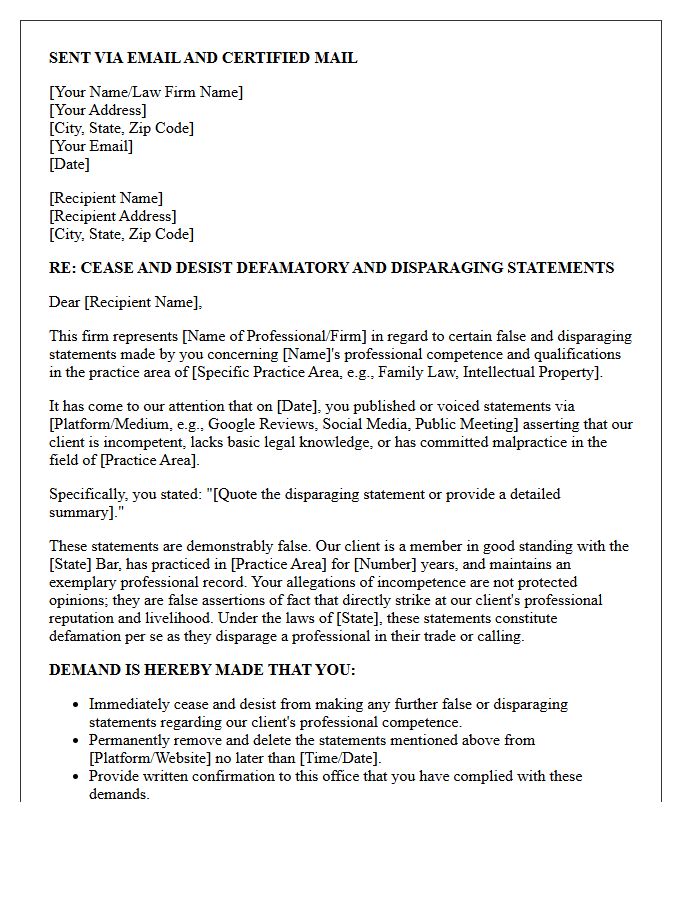 Practice Area Incompetence Disparagement Cease and Desist Letter