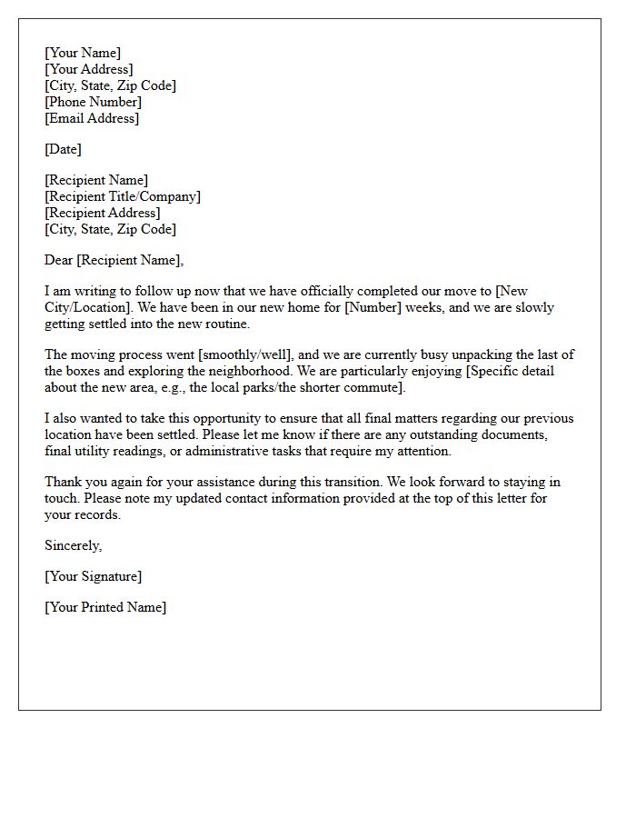 Post-Move Follow-Up and Settlement Check-In Letter