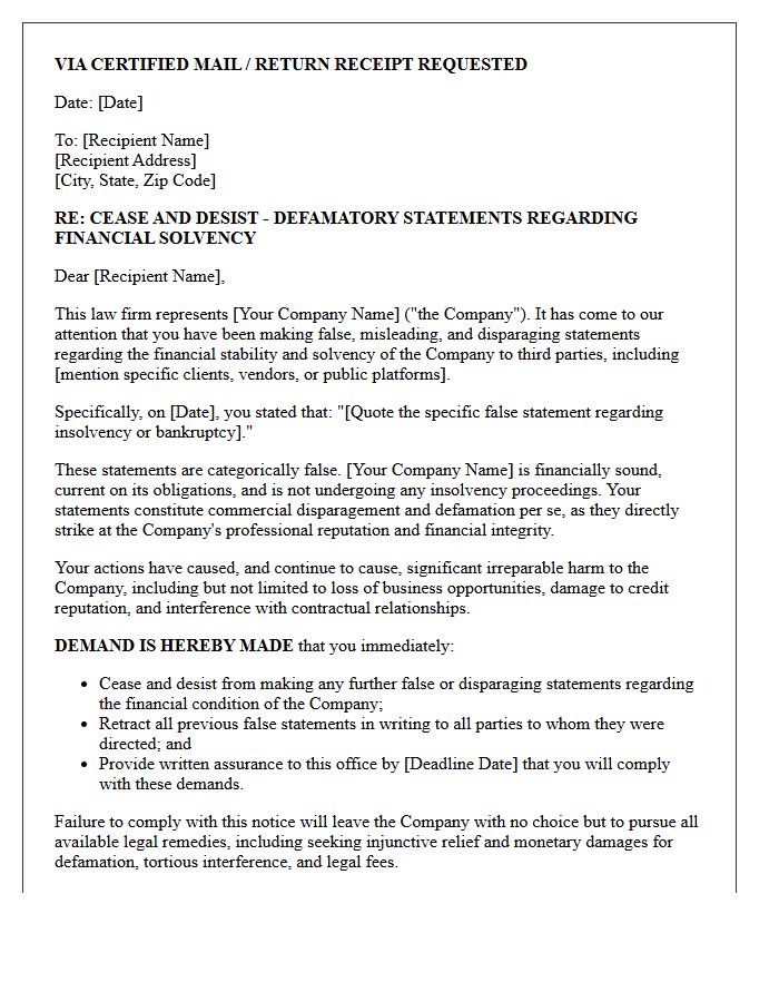 Financial Insolvency Commercial Disparagement Cease and Desist Letter