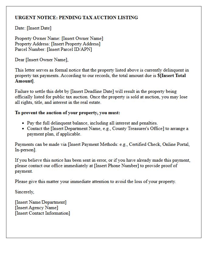 Notice of Pending Tax Auction Listing Letter