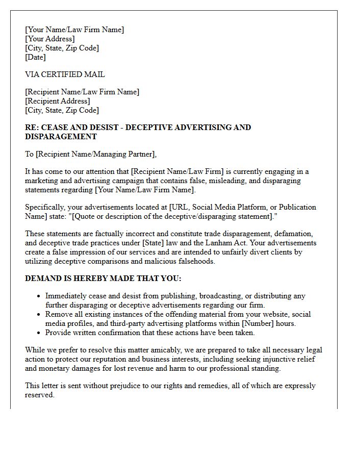 Deceptive Law Firm Advertising Disparagement Cease and Desist Letter