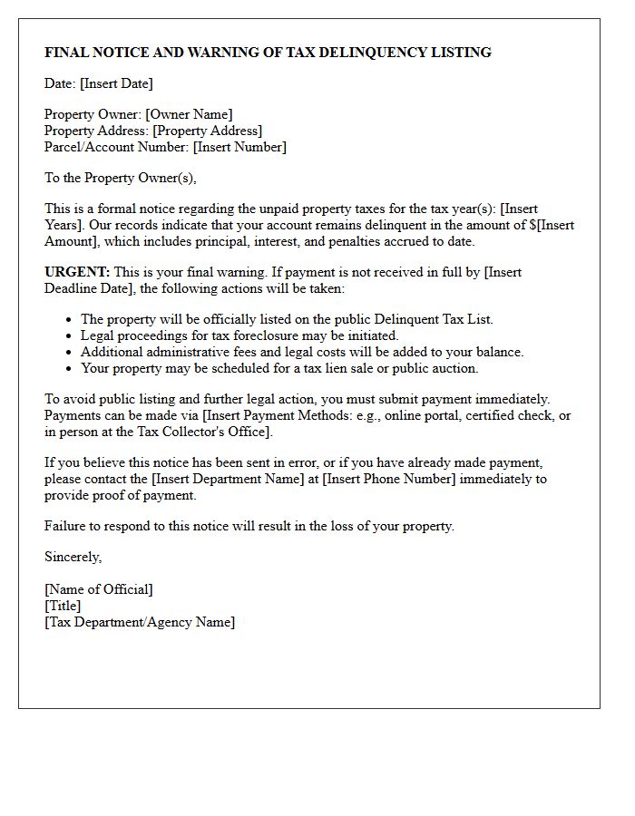 Final Warning Property Tax Delinquency Listing Letter