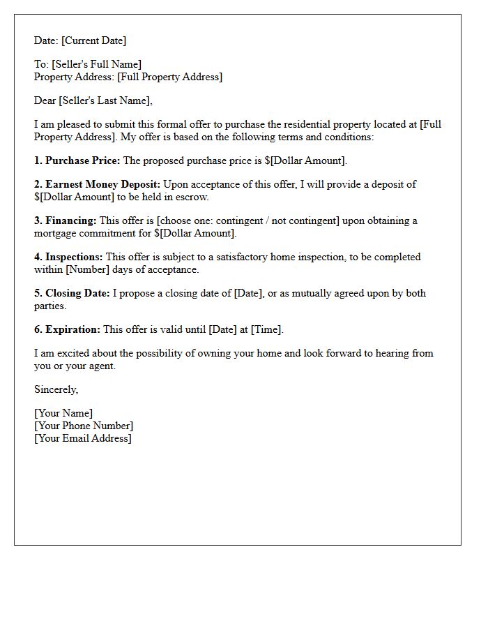 Standard Residential Purchase Offer Letter