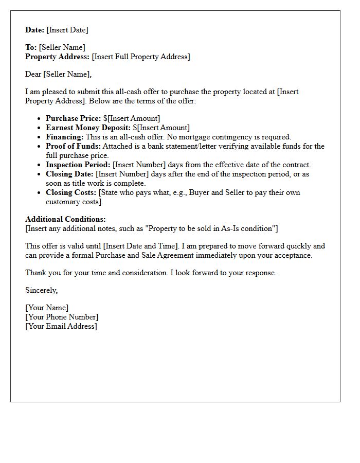 All Cash Real Estate Purchase Offer Letter
