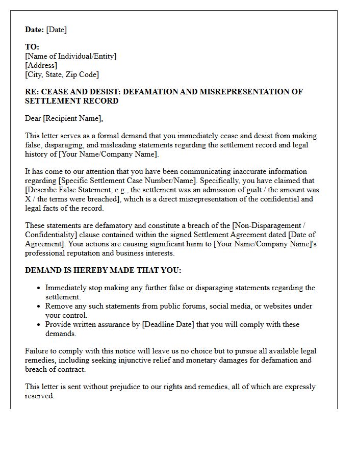Misrepresented Settlement Record Disparagement Cease and Desist Letter