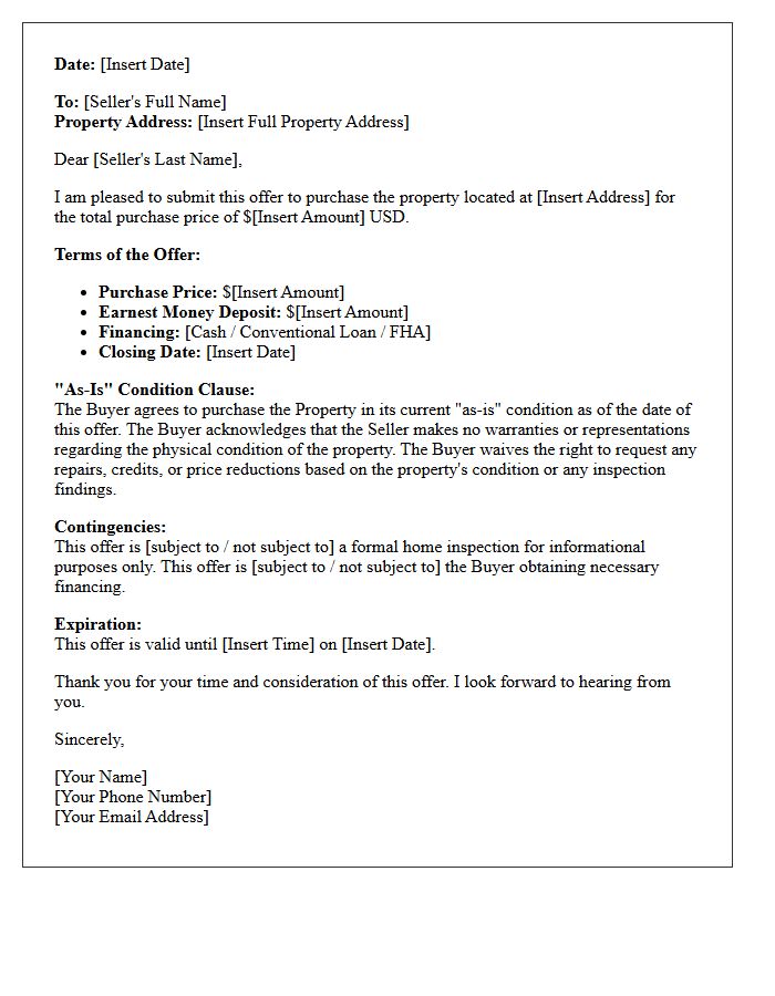 As Is Real Estate Purchase Offer Letter