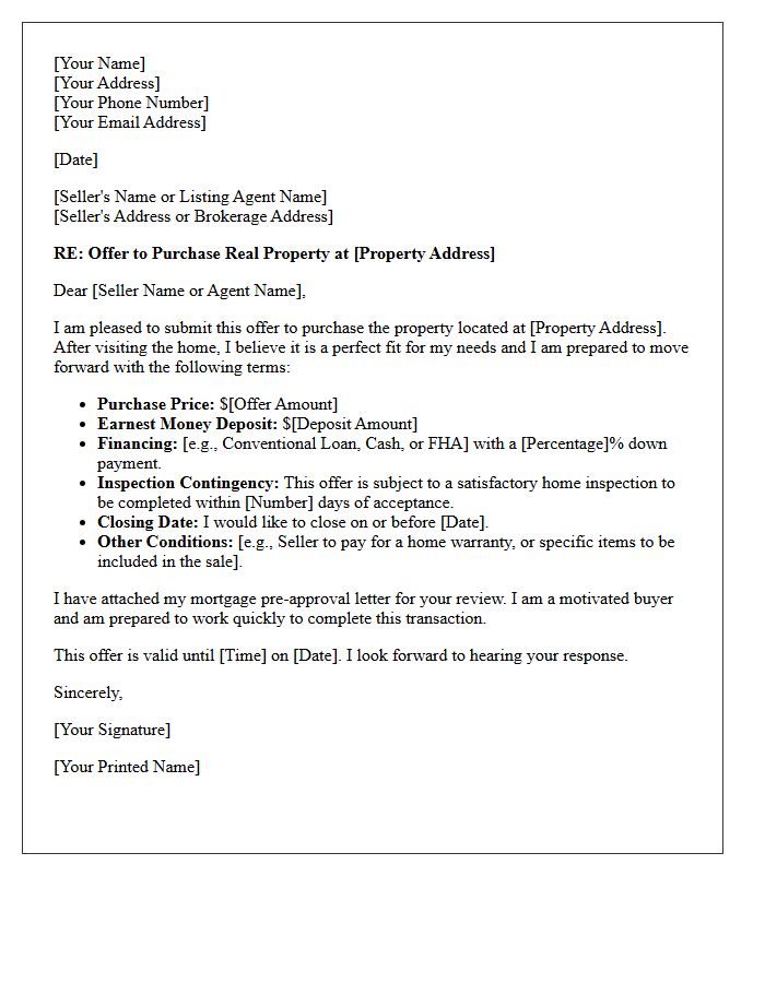 Initial Real Estate Purchase Offer Letter