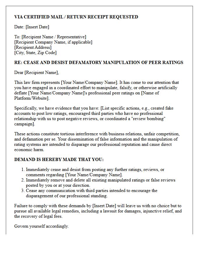 Manipulated Peer Rating Disparagement Cease and Desist Letter