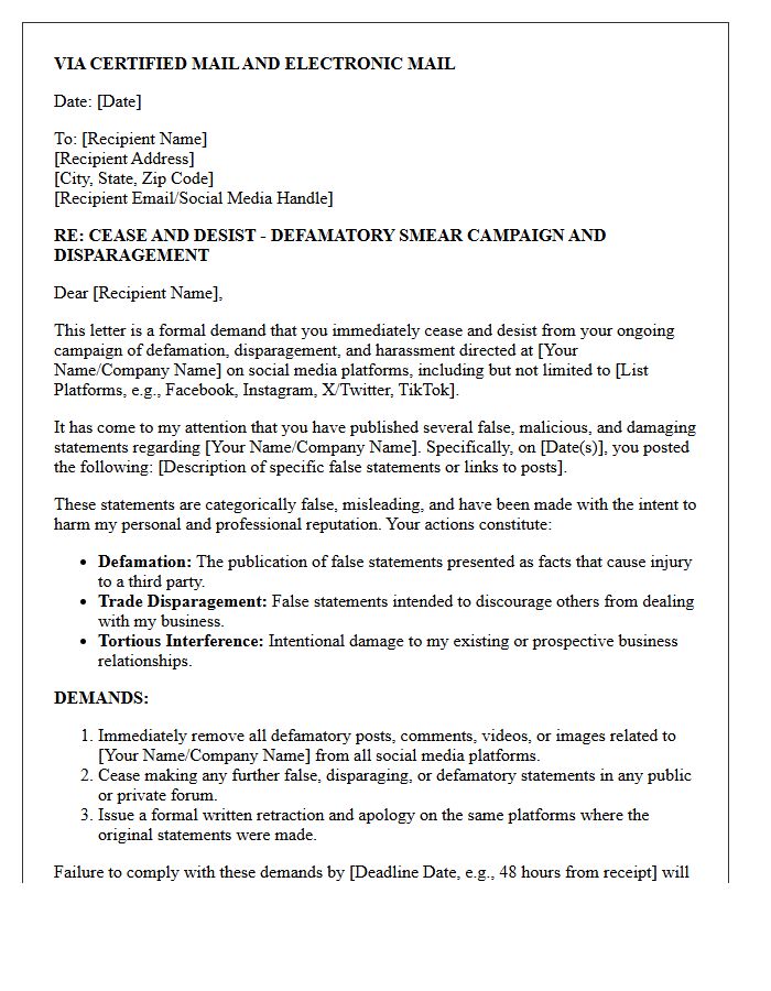 Social Media Smear Campaign Disparagement Cease and Desist Letter