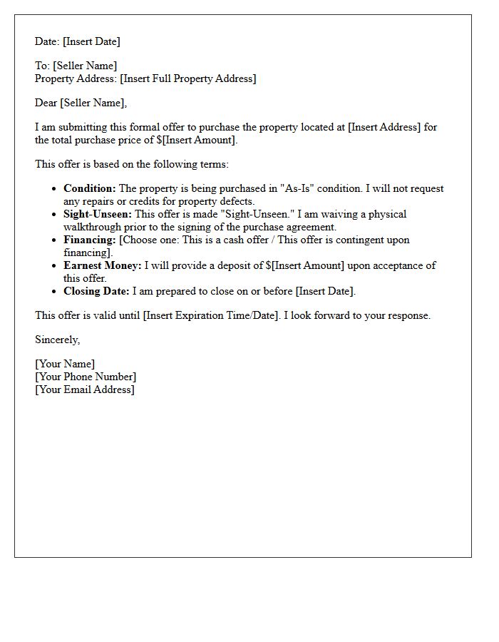 As-Is Sight-Unseen Real Estate Offer Letter
