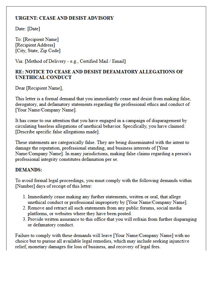 Unethical Conduct Allegation Disparagement Cease and Desist Letter
