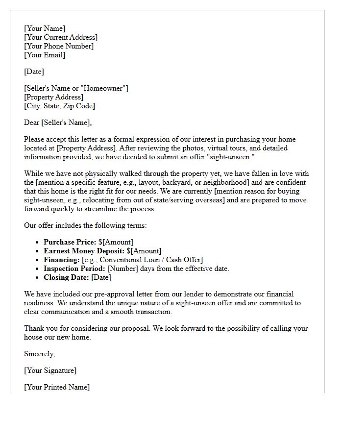 Sight-Unseen Residential Home Purchase Letter