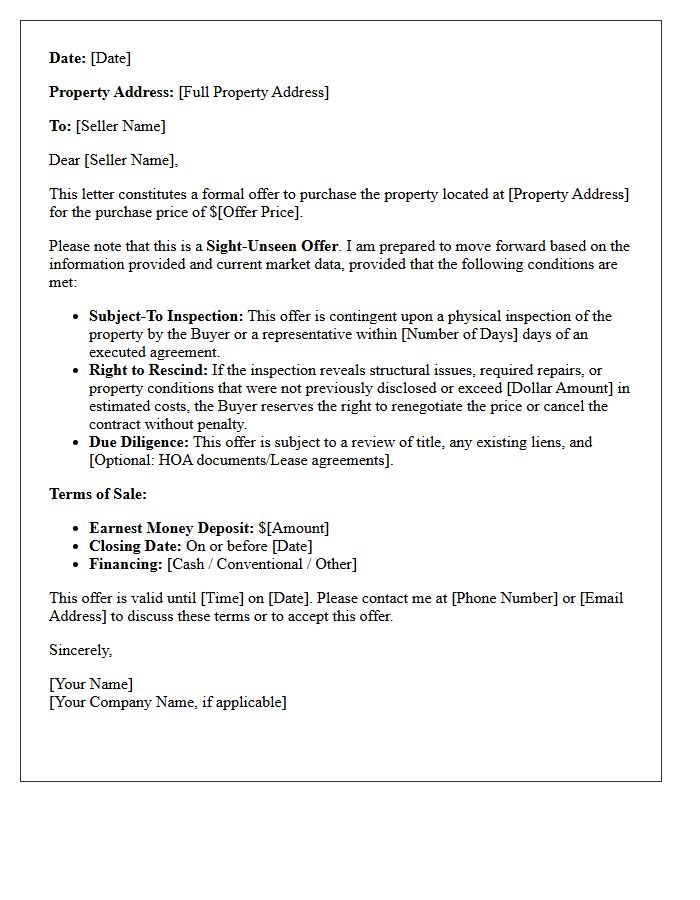 Subject-To Inspection Sight-Unseen Offer Letter