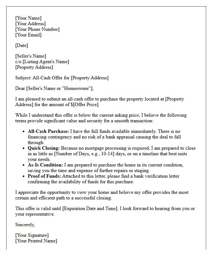 All-Cash Below Asking Price Offer Letter