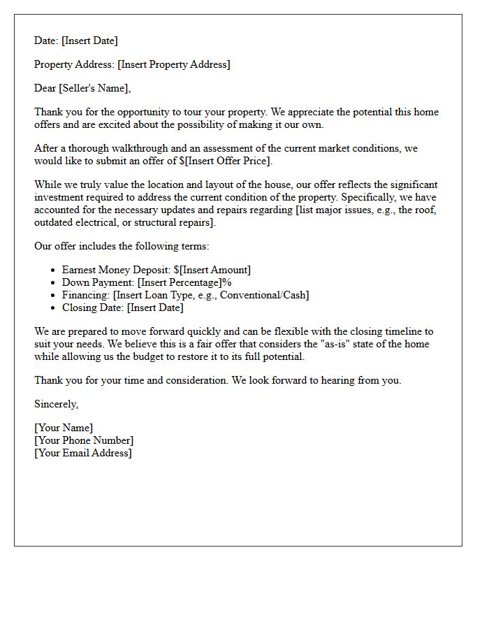 Fixer-Upper Condition Below Asking Price Offer Letter