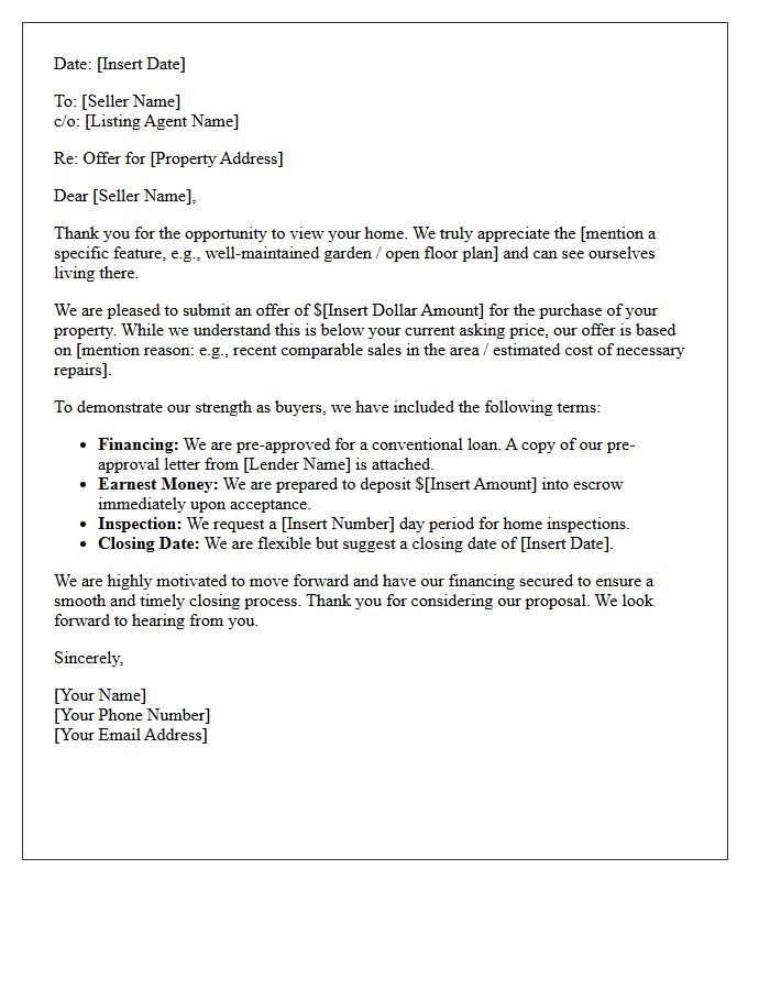 Pre-Approved Financing Below Asking Price Offer Letter