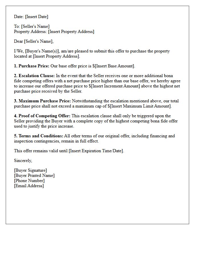 Standard Residential Escalation Clause Offer Letter