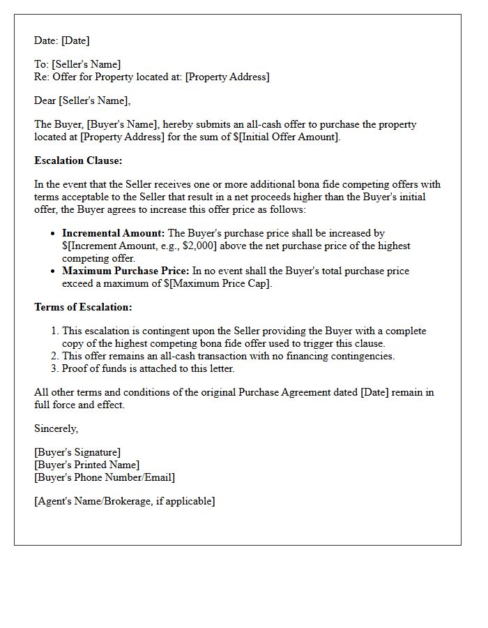 All Cash Purchase Escalation Clause Real Estate Letter