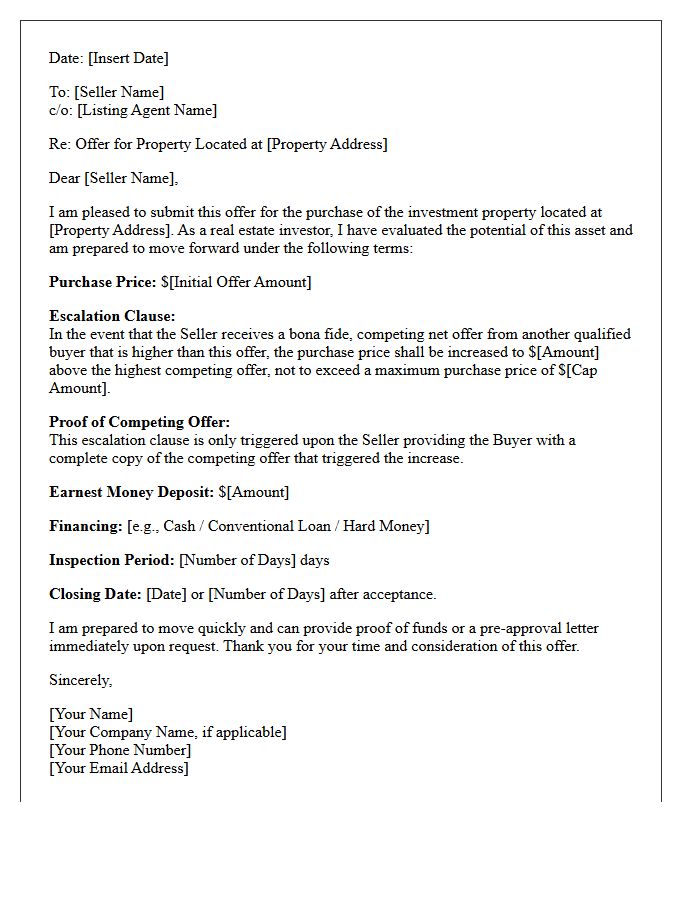 Investment Property Escalation Clause Offer Letter