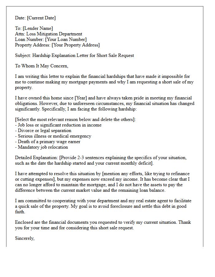 Short Sale Hardship Explanation Letter