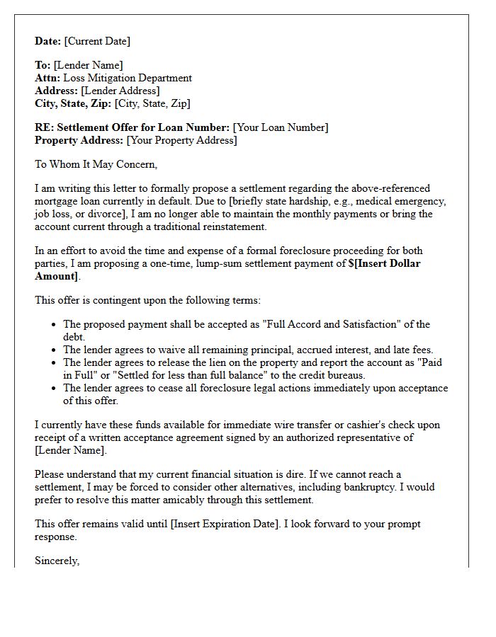 Lender Direct Pre-Foreclosure Settlement Letter