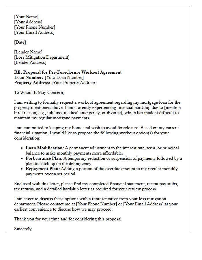 Pre-Foreclosure Workout Agreement Proposal Letter