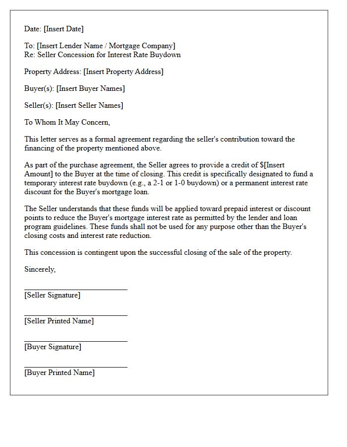 Interest Rate Buydown Seller Concession Letter