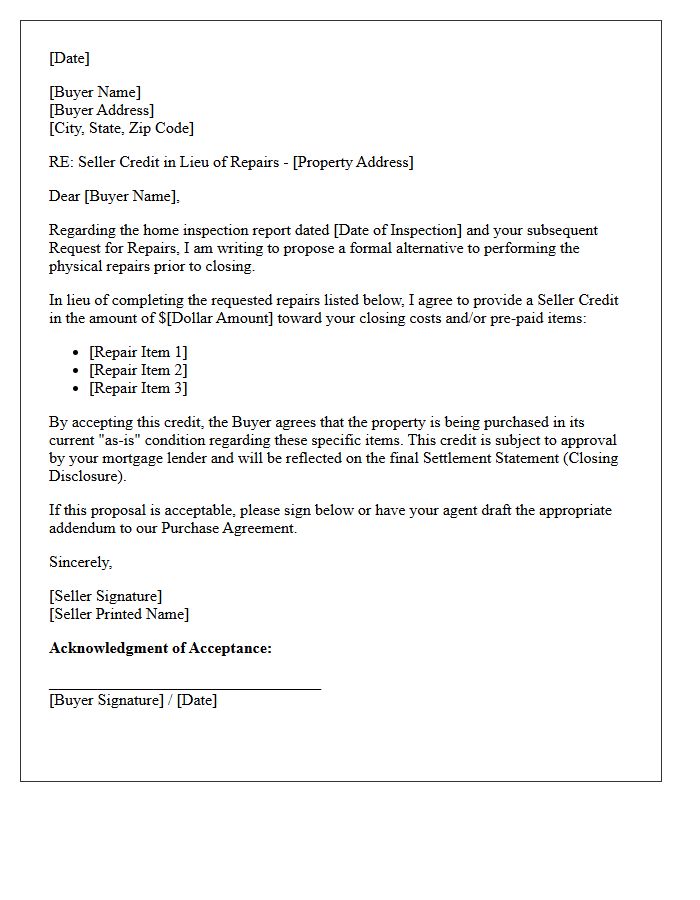 Credit In Lieu Of Repairs Seller Letter