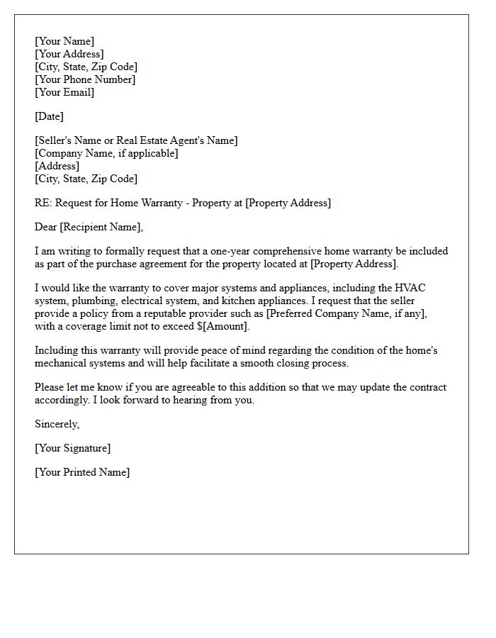 Home Warranty Inclusion Request Letter