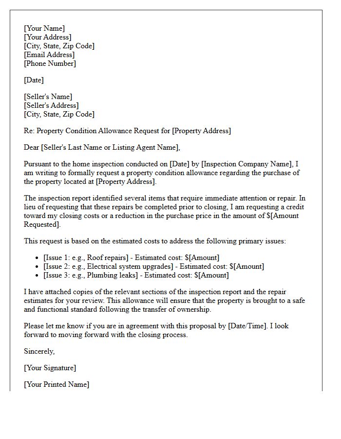 Property Condition Allowance Request Letter