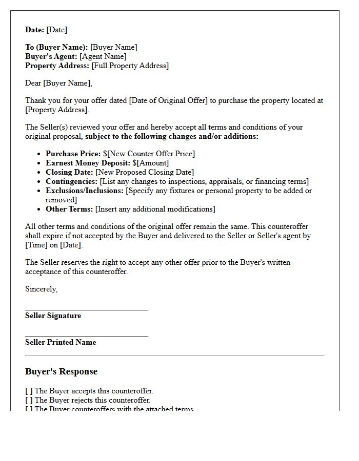 Standard Real Estate Seller Counteroffer Letter