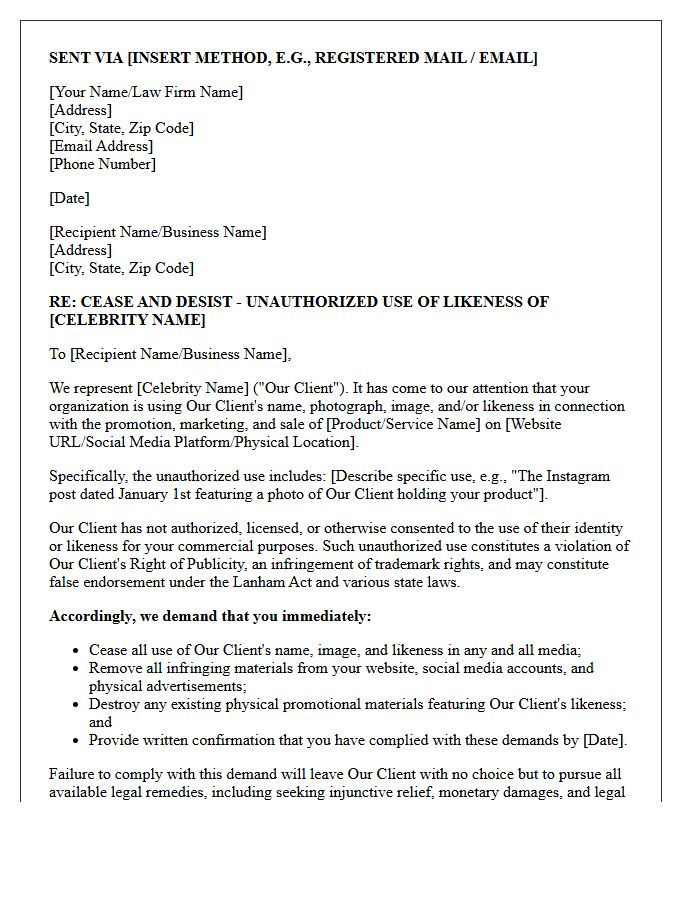 Unauthorized Use of Celebrity Likeness Cease and Desist Letter