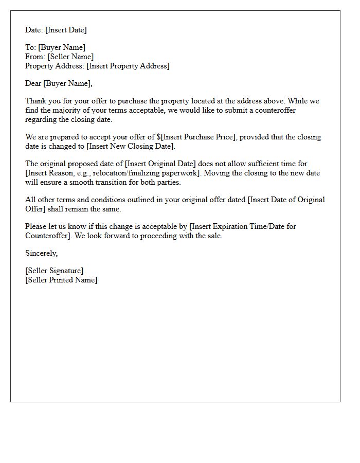 Seller Counteroffer Letter With Modified Closing Date