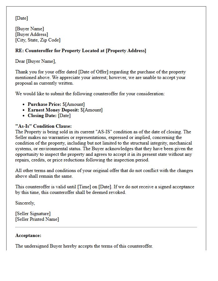 As-Is Property Seller Counteroffer Letter
