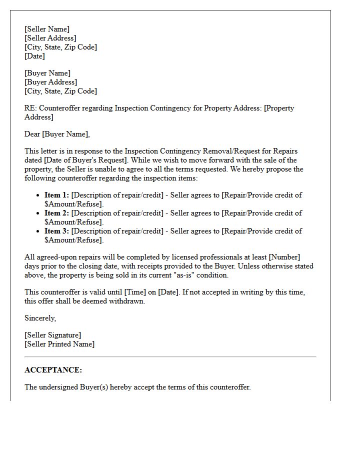 Seller Counteroffer Letter Modifying Inspection Contingencies
